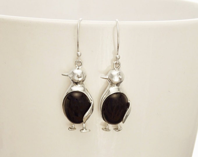 Penguin Bird Earrings - Sterling Silver, Gemstone earrings, Black Onyx Earrings, Onyx Jewelry, Bird Earrings, Animal, Artic Animals jewelry.