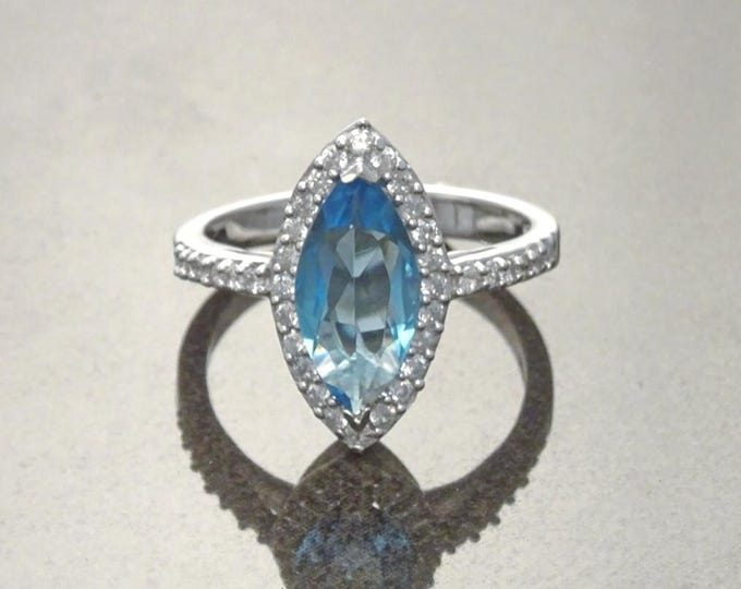 Blue Oval Ring, Sterling Silver, Square ring, Marquise Form Shape, Topaz Color Cz stone and White Stones CZ, Woman Jewelry, Woman Gift