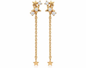 Gold Celestial Star Chain Earrings • Delicate Diamond Constellation Drop Studs • Everyday Jewelry Gift