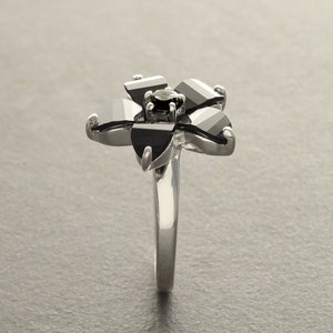 Black flower ring, sterling silver, black color Cz stone, five petals stones flowers, modern dark Gothic jewelry image 2