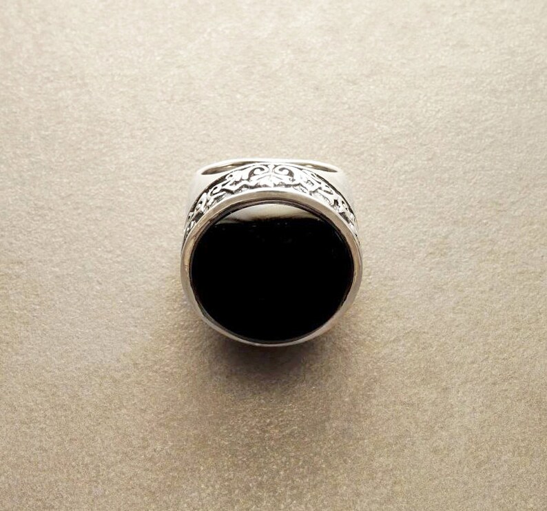 Onyx Ring Sterling Silver Ring Round Stone Black Etsy