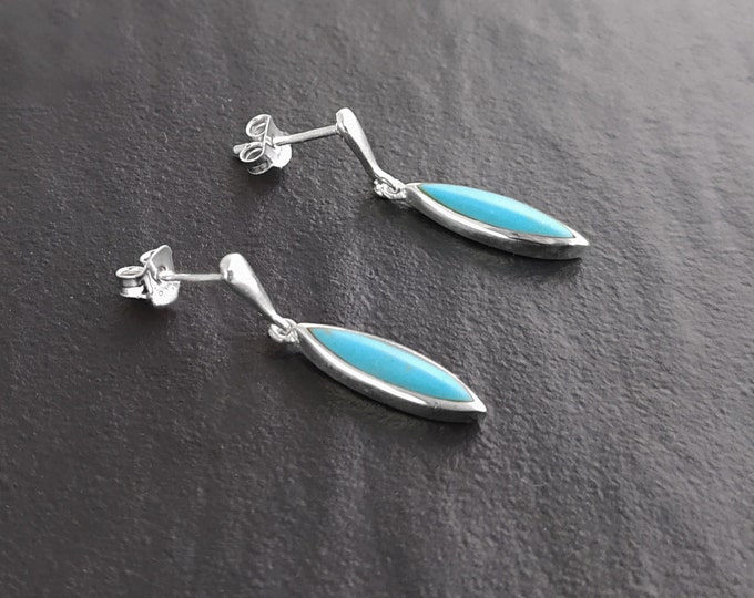Turquoise Earrings, Sterling Silver, Dangle Blue Turquoise Stone Earrings, Pending Oval Blue Earrings, Modern Drop Studs Earrings