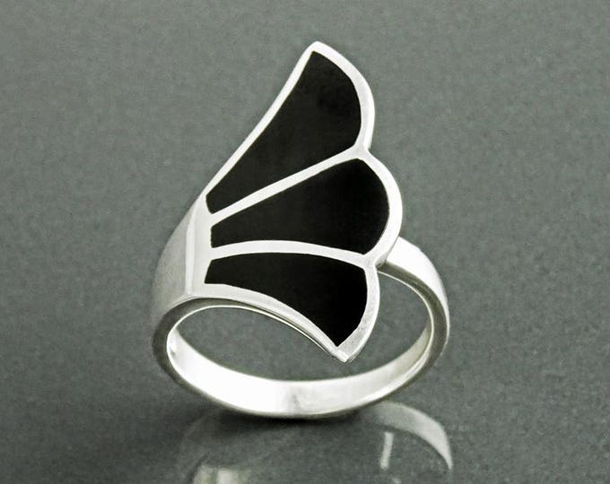 Art Nouveau Ring, Sterling Silver, Flat Stone Ring, Onyx Jewelry, Fanned Wave Wing, Unique Band Ring, Original Designer Ring