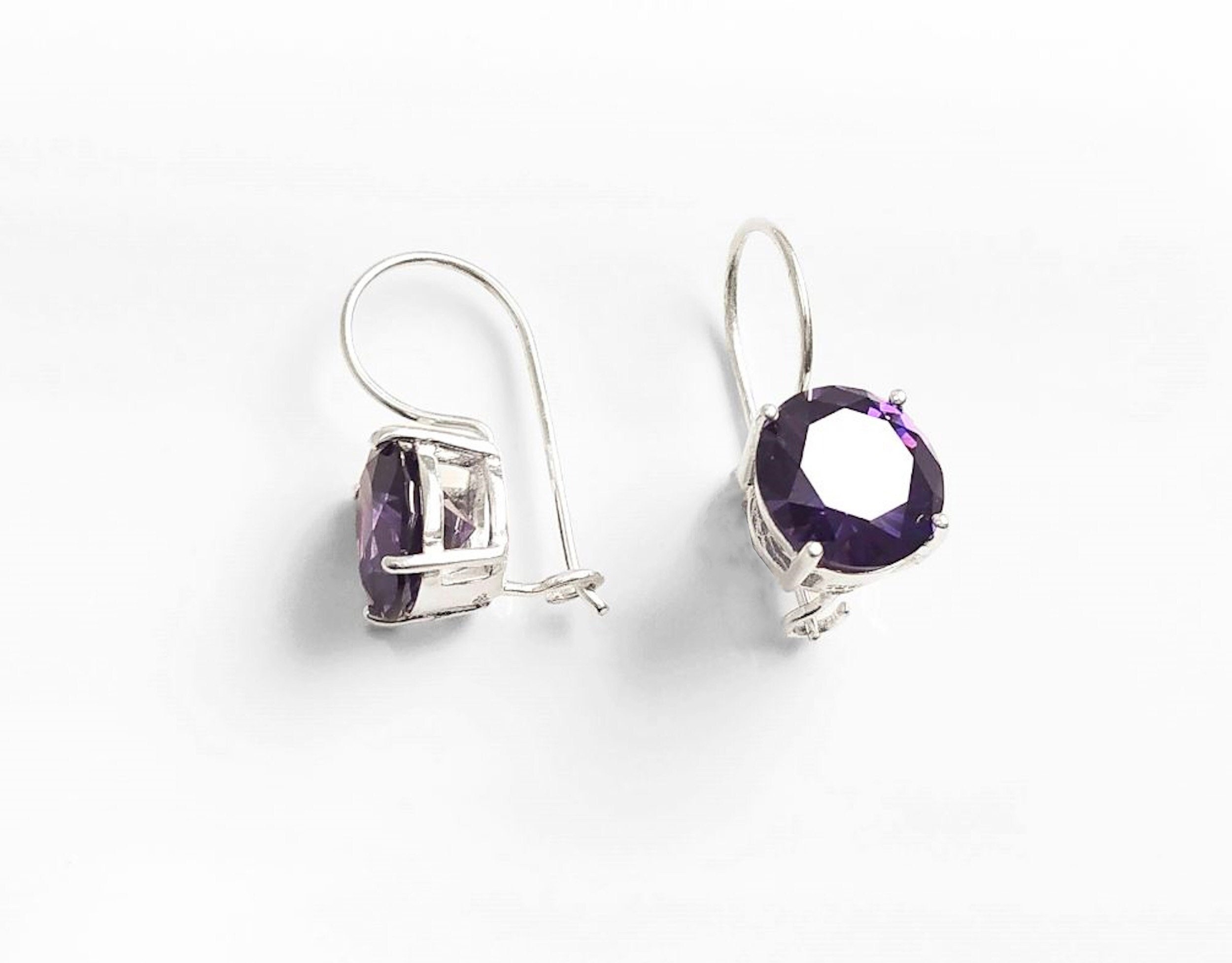 Purple Drop Earrings, 925 Sterling Silver, Violet Solitaire 10mm