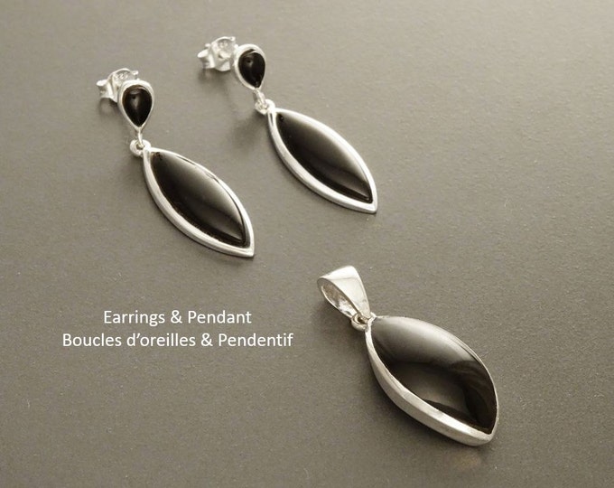 Black Earrings Set, Sterling Silver, Oval Stone, Almond Shape Onyx, Bright Black Stones Dangle Drop Earrings, Modern Geometric Pendant