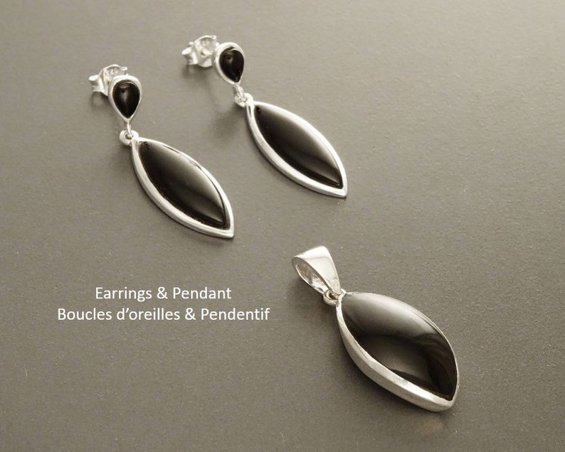 Black Earrings Set Sterling Silver Oval Stone Almond Shape image 1