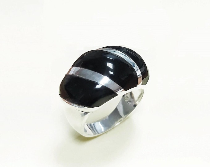 Onyx Domed Ring, Sterling Silver, Women Beautiful Dome Ring, Black Stone Band Ring, Three Bands Wide Ring, Fashion Vintage Ring