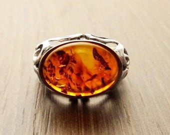 アンティーク琥珀リング、スターリングシルバー、ブーホーヴィンテージ