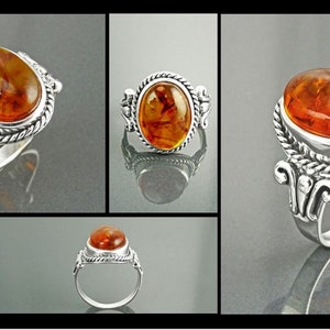 Bague moderne en argent, bijou avec ambre