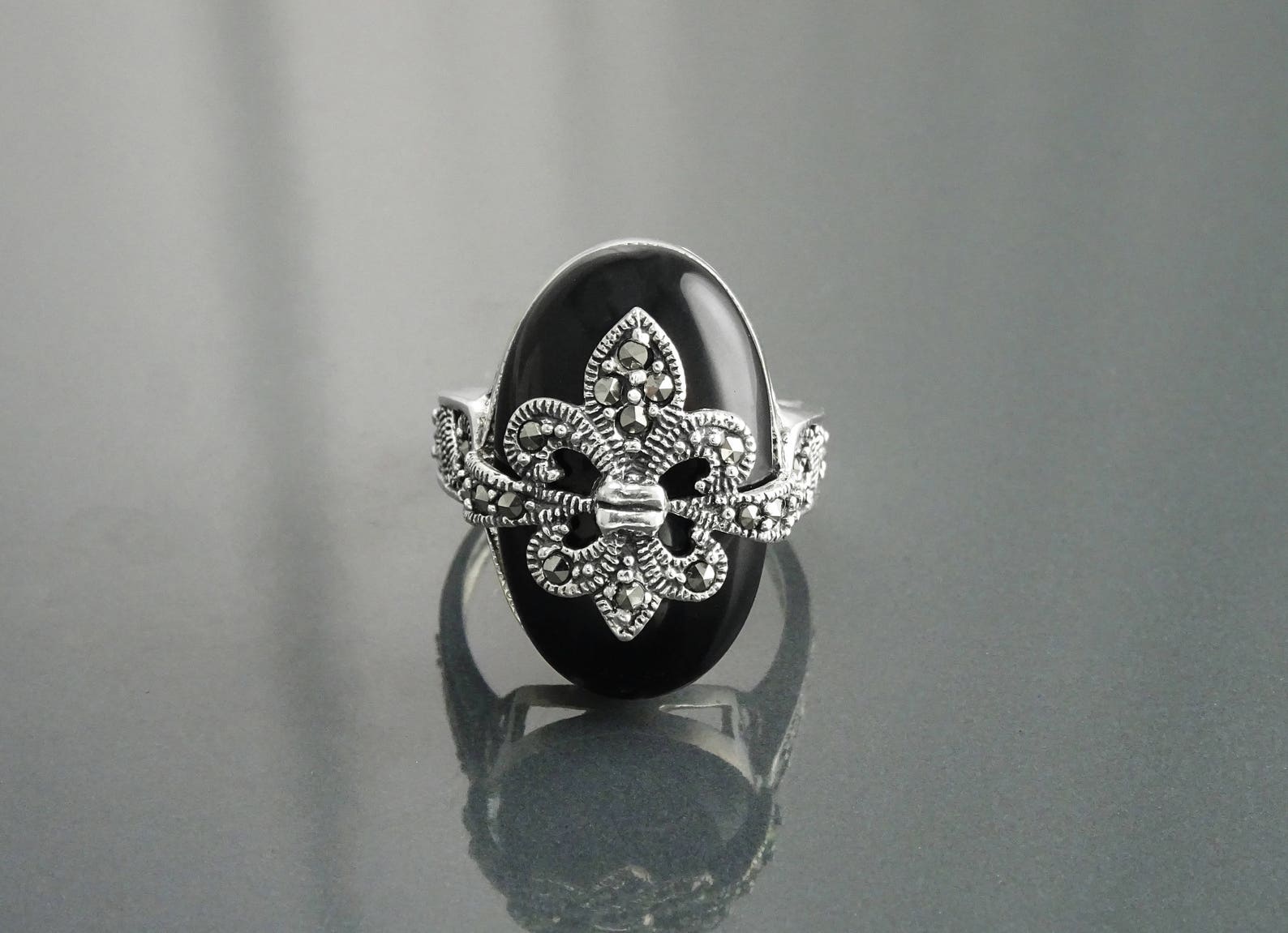 Bague Fleur de Lys Marcassite Argent 925 Onyx Noir Bijou Etsy France