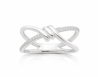 Crossover Ring • Sterling Silver • Diamond Cz Knot Wrap Band • Minimalist Open Criss Cross Design Jewelry