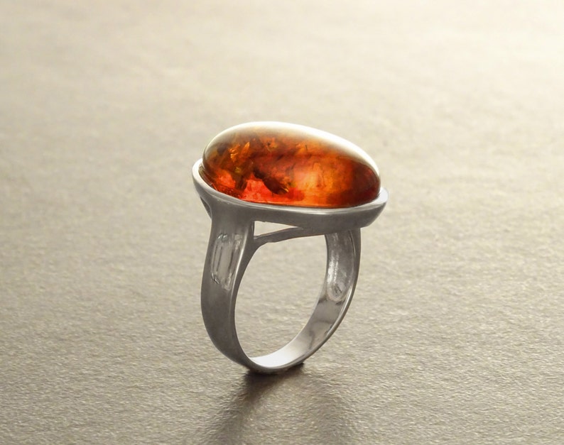 Amber ring, sterling silver ring, genuine cognac color amber with inclusions jewelry, oval stone ring, modern minimalist designer ring image 2