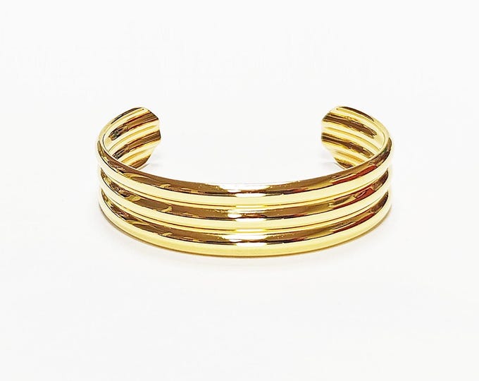 Triple Row Gold Cuff • 18K Gold Filled • Modern Stacked Three Row Band Lines Open Bangle • Statement Minimalist Jewelry • Gift for Women