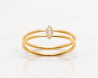 Double Band Bar Ring • Gold plated 18K • Diamond Cz Stones Pavé Oval Bridge Parallel Band • Modern Jewelry