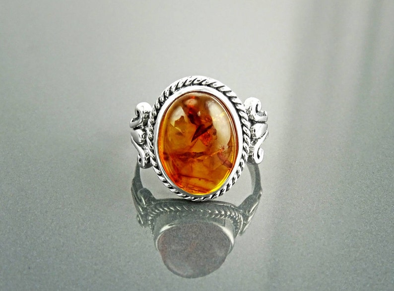Bague En Argent 925 Et Ambre Véritable - Style Art Nouveau à Décor D'iris - Taille 48