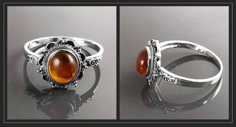 Antique Amber Ring, Sterling Silver, Genuine Amber Ring, Dainty Stone Ring, Midi Oval Ring, Boho Jewelry, Vintage Hipster Ring image 5