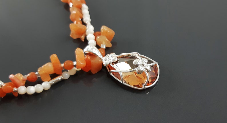 Collier Ras de Cou Agate Véritable, Argent 925, Collier Torque Cuir Galuchat, Perles, Nacre, Dessin Fleur, Zirconia, Pendentif, Agate Orange image 4