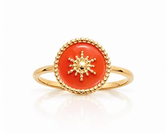 Sun Ring • 18K Gold plated • Sunburst Red Lacquer Medallion Band • Celestial Boho Talisman