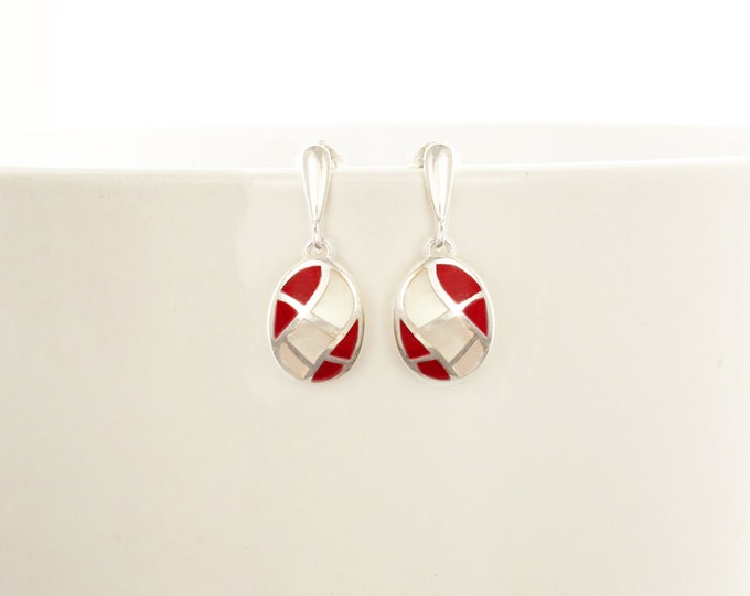 Red White Earrings, Mother of Pearl, Sterling Silver, Red Stone, Oval Mosaic Earrings, Wave Pattern , Inlay Dangle Earrings, Shell earrings.