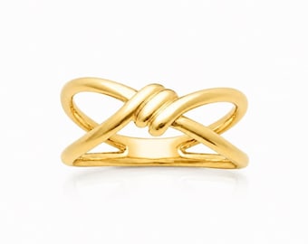Gold Crossover Ring • Sculptural Knot Wrap Band • Minimalist Open Criss Cross Design Jewelry