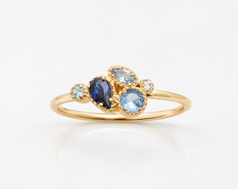 Blue Multistone Cluster Ring • Gold plated 18K • Mixed-Cut Cz Stones Asymmetrical Design Band • Modern Jewelry