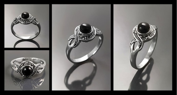 Bague Anneau Argent Massif Filigrane - Décor Style Marcassite Et Onyx Noir - Taille 51 - Occasion