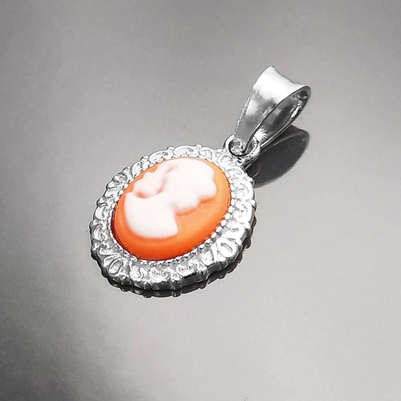 Red Cameo Pendant - Sterling Silver Red and white Resin stone - woman face portrait cameo - Vintage necklace charm - Victorian Jewelry gift image 8