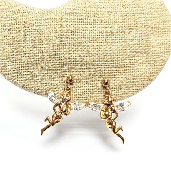 Golden Angel Drop Earrings With Diamond Cz Wings • Perfect Gift