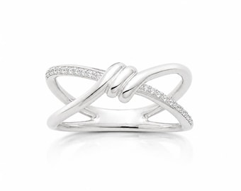 Crossover Ring • Sterling Silver • Diamond Cz Knot Wrap Band • Minimalist Open Criss Cross Design Jewelry