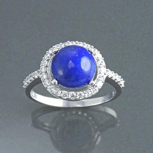 Lapis Ring, Sterling Silver, NATURAL Blue Lapis Lazuli Round Stone, GENUINE Lapis Gemstone Jewelry, setting  Halo Cz stones ring