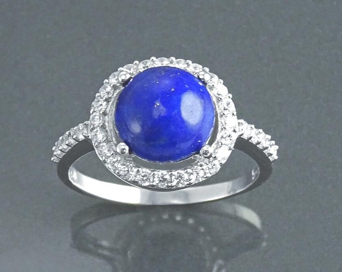 Lapis Ring, Sterling Silver, NATURAL Blue Lapis Lazuli Round Stone, GENUINE Lapis Gemstone Jewelry, setting  Halo Cz stones ring