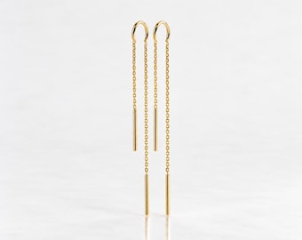 Bar U-Threader Earrings • 18K Gold plated • Long Chain Double Rod Ends • Minimal Jewelry