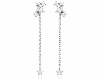 Sterling Silver Celestial Star Chain Earrings • Delicate Diamond Constellation Drop Studs • Everyday Jewelry Gift