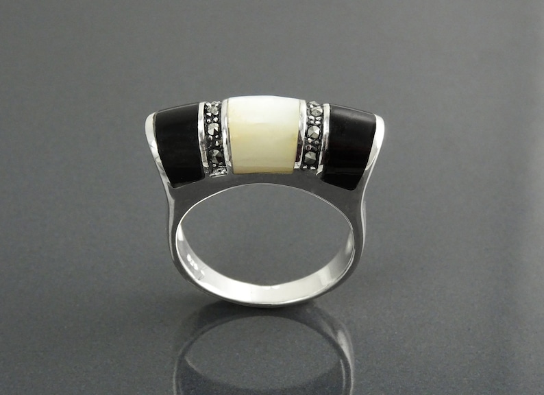 Bague Art Déco En Argent Sterling 925, Sertie De Marcassite Et Onyx Noir, Taille 56 - Neuf Avec étiquettes