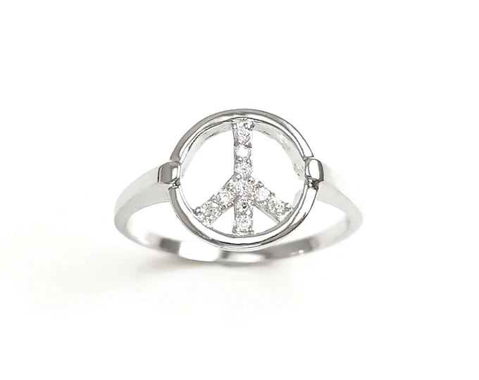 Peace & Love Ring, Sterling Silver 925, Love and Peace Symbol Sign Band Ring, Boho Hipster 70's Icon Jewelry, White clear Cz stone