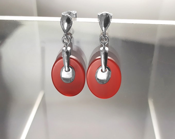 Carnelian square Earrings, Sterling Silver, Geometric Red Square Stone Earrings, Red Flat Gemstone, Modern Minimalist Jewelry, Woman gift