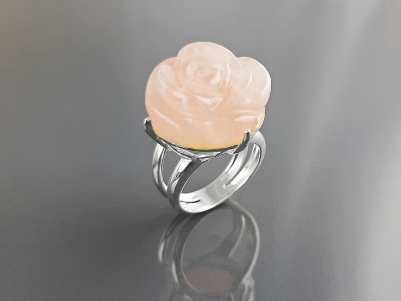 Rose Ring, Sterling Silver made, engraved stone, NATURAL Rose Quartz Gemstone jewelry, Rose flower, Floral design, Birthstone Ring image 1