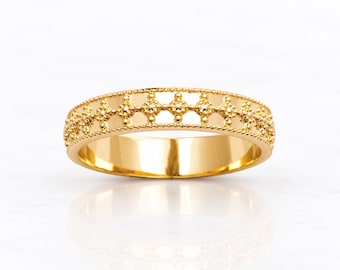 Boho Crown Ring • 18K Gold plated • Granulated Dot Texture Band • Everyday Ethnic Jewelry