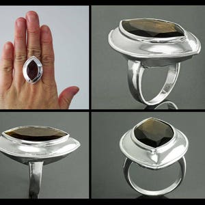 Bague Quartz, Argent 925, Grand Zirconia Oval couleur Quartz Fumé, taillé en Marquise, Ligne Pure, Simple, Grande Bague Originale, image 8
