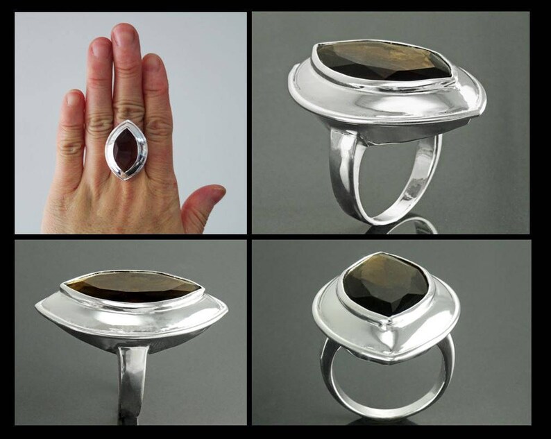 Bague Quartz, Argent 925, Grand Zirconia Oval couleur Quartz Fumé, taillé en Marquise, Ligne Pure, Simple, Grande Bague Originale, image 8