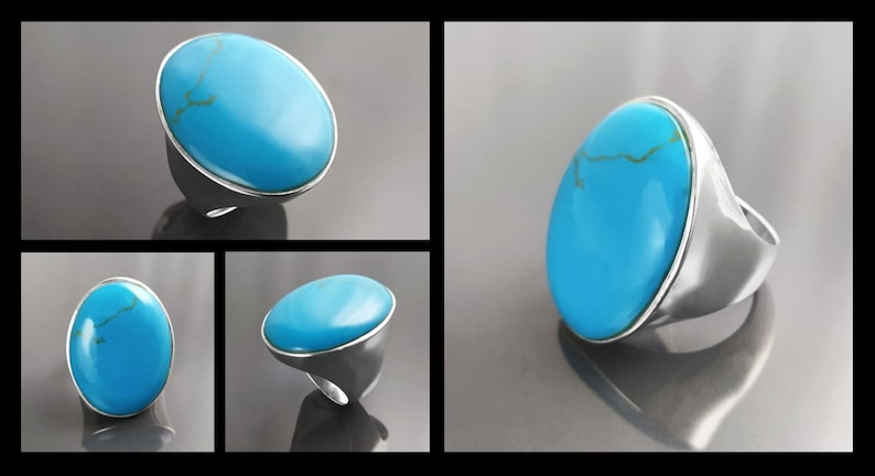 Turquoise Ring, Sterling Silver, Blue Turquoise Stone, Original Oval Form Jewelry, Unique Statement Modern Ring image 8