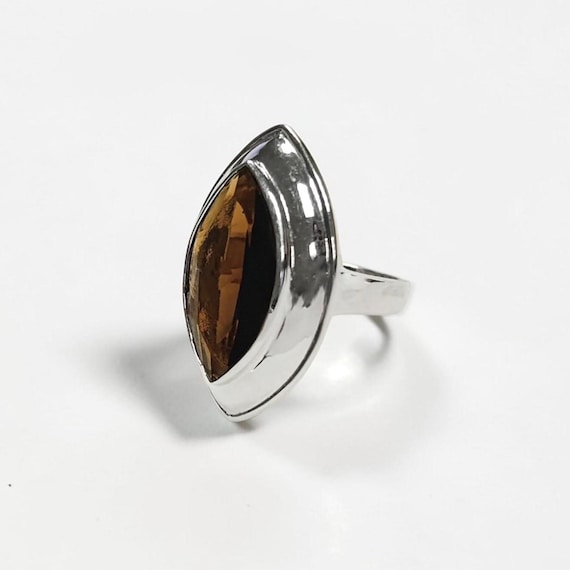 Bague Quartz, Argent 925, Grand Zirconia Oval couleur Quartz Fumé, taillé en Marquise, Ligne Pure, Simple, Grande Bague Originale,