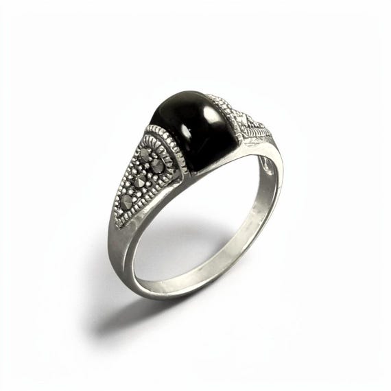 Vintage Art Deco Sterling Silver Ring, Black Onyx & Marcasite - Etsy