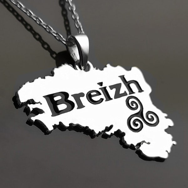 French Brittany Necklace, Sterling Silver, French Britain regional Jewelry Souvenir, Breizh Bretagne Map, Breton Pendant, Triskell Symbol