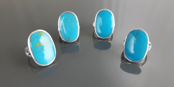 Blue Turquoise Ring, Sterling Silver, Turquoise Flat Stone