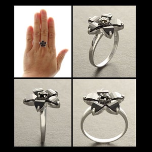 Black flower ring, sterling silver, black color Cz stone, five petals stones flowers, modern dark Gothic jewelry image 4