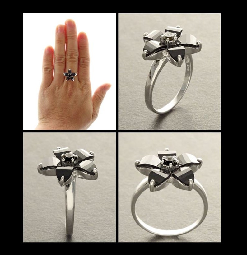 Black flower ring, sterling silver, black color Cz stone, five petals stones flowers, modern dark Gothic jewelry image 4