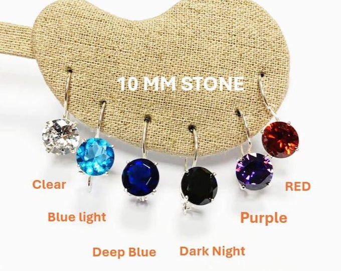 925 Silver Closed Hook Loops, 10mm Zirconia (Blue, Red, Black, Purple, Transparent), 6ct Lab Diamonds simulant (CZ) Shiny and Faceted Stone