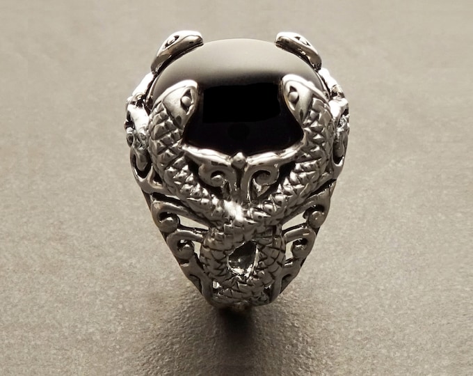 Snake Ring, Sterling Silver, Black Stone, Onyx Gemstone, swirling coiling snakes pattern, Gothic Design Ring