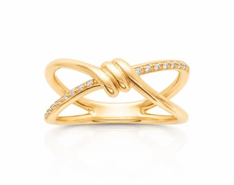 Crossover Ring • Gold plated 18K • Diamond Cz Knot Wrap Band • Minimalist Open Criss Cross Design Jewelry